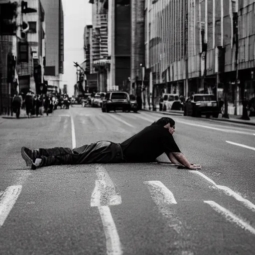 Image similar to a man laying lifeless on the road of a big city, photography,