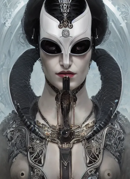 Image similar to a cyborg empress with mask, black leather garment with art nouveau ivory accessories, cyberpunk, darksynth, luxury, concept art by jama jurabaev, extremely detailed, ominous, ethereal, artstation, andree wallin, edvige faini, balaskas, alphonse mucha, symmetry