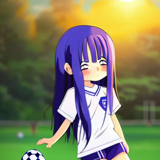 Prompt: A cute young anime girl with long blueish indigo hair, wearing a white soccer uniform with shorts, has a soccer ball between her legs, in a large grassy green field, there is a cat next to her, shining golden hour, she has detailed black and purple anime eyes, extremely detailed cute anime girl face, she is happy, child like, Japanese shrine in the background, Higurashi, black anime pupils in her eyes, Haruhi Suzumiya, Umineko, Lucky Star, K-On, Kyoto Animation, she is smiling and happy, tons of details, sitting on her knees on the grass, chibi style, extremely cute, she is smiling and excited, her tiny hands are on her thighs, she has an extremely expressive face