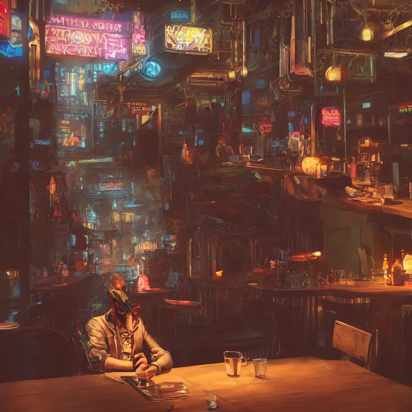 Prompt: a bored male goblin punk sitting at a table in a cafe in a cyberpunk city, sharp focus, highly detailed face, 8k, unreal engine 5, cinematic lighting, vivid elegant fantasy concept art, character art, stern neon atmosphere, artstation, deep complimentary colors, volumetric lighting, photorealistic, hyperdetailed 3D matte painting, hyperrealism, hyperrealistic masterpiece