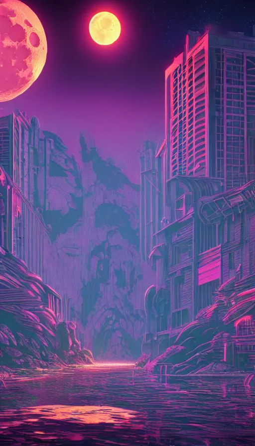 Image similar to reclaimed by nature by moon hoon, darkacademia atlantis cosmic san andreas at dawn neon signs tokyo synthwave universe, archdaily, wallpaper, highly detailed, trending on artstation.