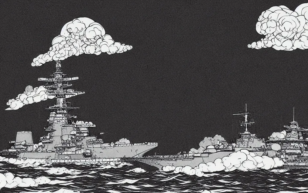 Prompt: japanese battleship yamato in front of huge mushroom cloud, in the style of james jean and laurie greasley, dynamic composition, dramatic lighting, ultra detailed