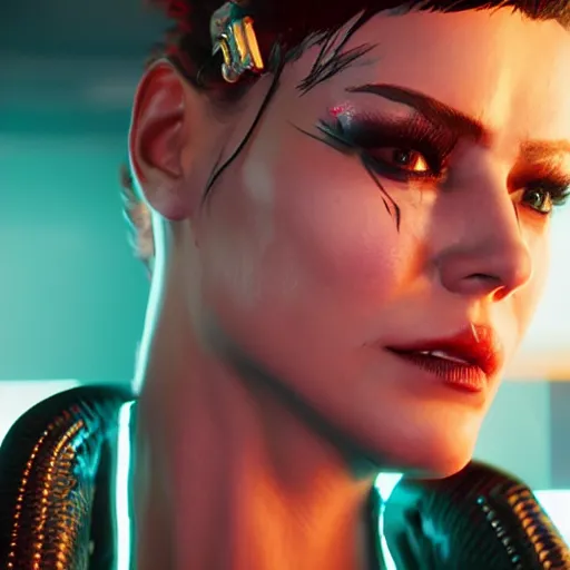 Image similar to female V from Cyberpunk 2077 wearing spiked choker, collar, choker, punk, collar, 4K, realistic, futuristic, collar, choker, spiked collar,