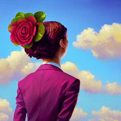 Image similar to closeup, giant rose flower as a head, portrait, girl in a suit, surreal photography, sunrise, blue sky, dramatic light, impressionist painting, digital painting, artstation, simon stalenhag