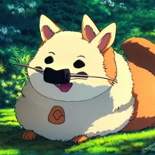 Image similar to an adorable corgi totoro, scenic landscape background, beautiful, anime, ghibli