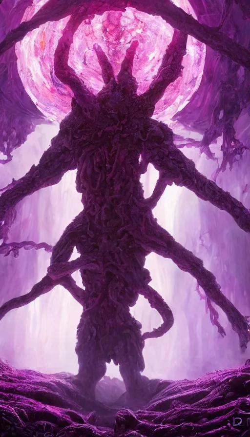 Image similar to a future scifi ancient god on the middle of a purple forest holding a portal that's about to explode, sweat drops, insane, intricate, highly detailed, oil painting, smooth, sharp focus, Unreal Engine 5, 8K, art by Diego Velázquez