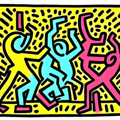 Prompt: a picture drawn by keith haring of people fighting