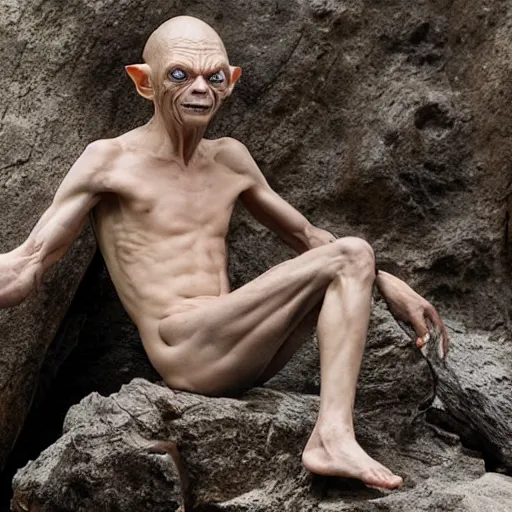 Image similar to gollum from lord of the rings, swimsuit modeling photoshoot, handsome gollum