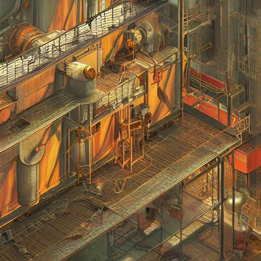 Prompt: fineline painting of an isometric steampunk strawberry jam factory, colour pallette of strawberry shortcake, incredible detail, vray render subsurface scatter drum scanner, intricate complexity, golden ratio, kojima amano, charlie bowater, karol bak, greg hildebrandt, 8 k detail