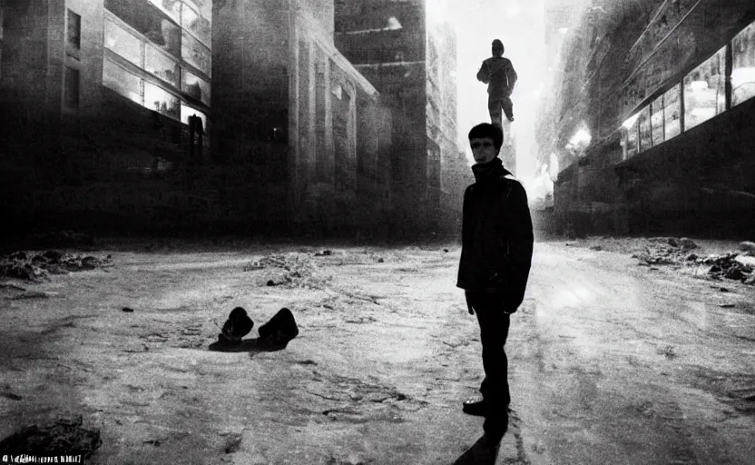 Image similar to In a futuristic space city of Neo Norilsk on the Moon, a Mysterious man is standing in the middle of a street photo by Trent Parke, bright lights, a city on the Moon
