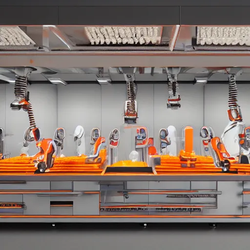 Image similar to butcher shop with three robotic kuka robot cutting machines, octane rendered, highly detailed