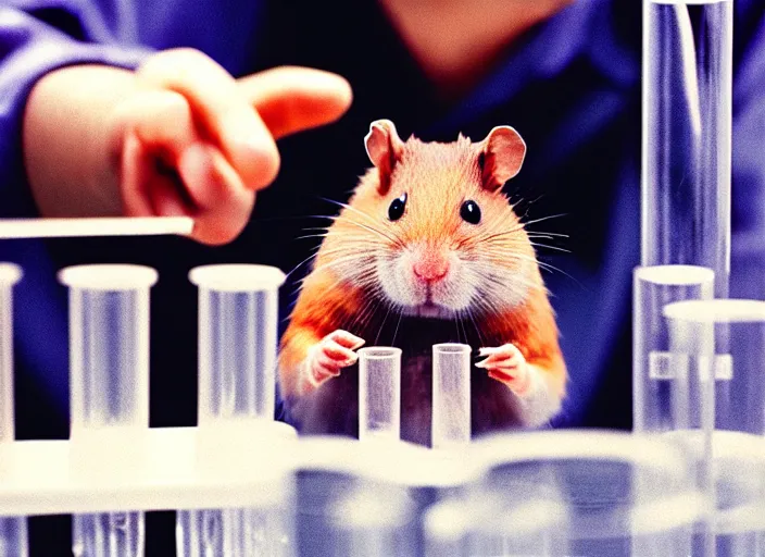 Image similar to film still of a hamster working in a research lab filling test tubes, 8 k