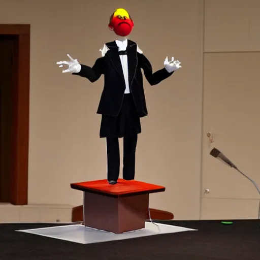 Image similar to marionette of a president with clown makeup in a podium and a human shadow behind