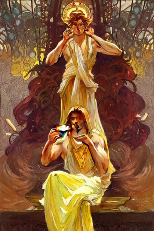 Image similar to A god wearing golden clothes, eating ice cream, fantasy, painting by greg rutkowski and alphonse mucha