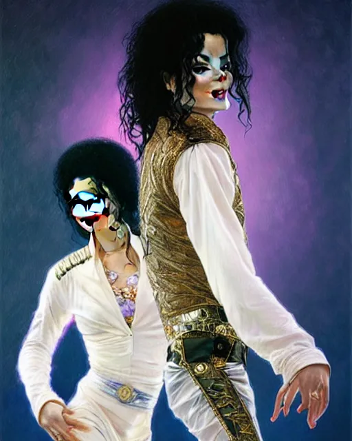 Image similar to Portrait of Michael Jackson & Prince dancing, real life skin, intricate, elegant, highly detailed, artstation, concept art, smooth, sharp focus, art by artgerm and greg rutkowski and alphonse mucha