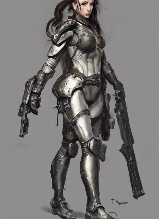 Image similar to a professionally painting of an attractive young female, partially dressed in military armor, olive skin, long dark hair, beautiful bone structure, perfectly proportioned, symmetrical facial features, intricate, elegant, heroic pose, digital painting, concept art, illustration, sketch-like, sharp focus, finely detailed, from Metal Gear, by Ruan Jia and Mandy Jurgens and William-Adolphe Bouguerea, trending on Artstation, award winning