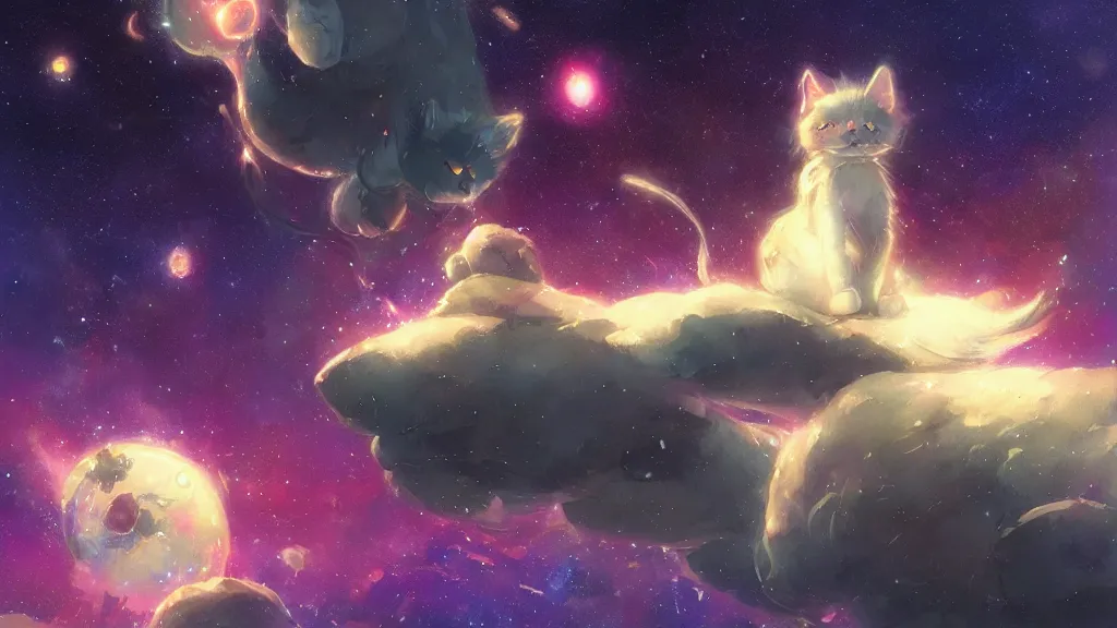 Image similar to cosmic kitty floating in space, bright stars, anime, a fantasy digital painting by Greg Rutkowski and James Gurney, trending on Artstation, highly detailed