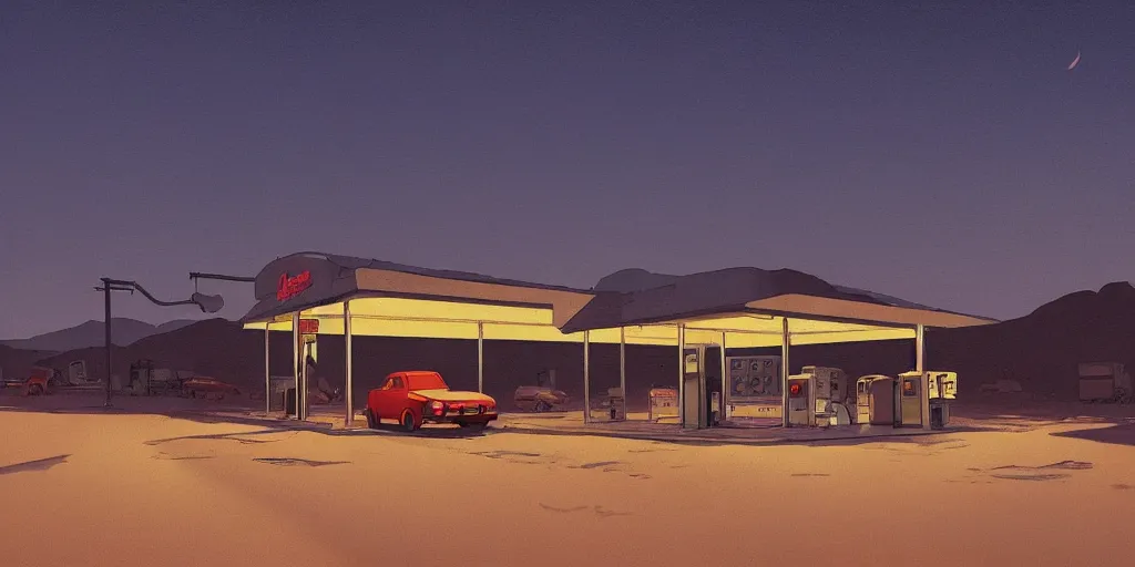 Image similar to A gas station in the desert at night, creepy and dramatic atmosphere, digital art by Greg Rutkowski and Studio Ghibli and Edward Hopper