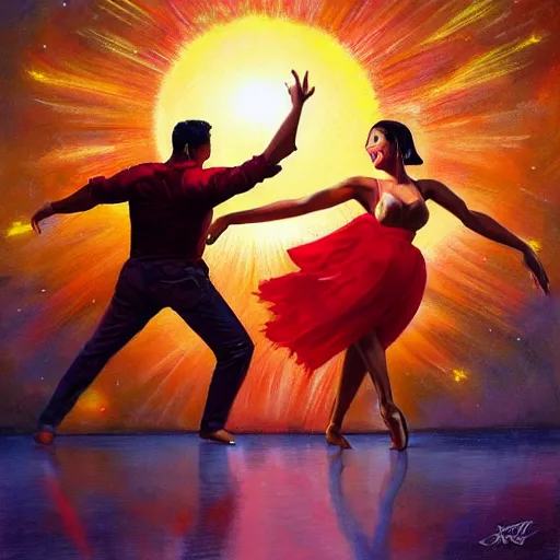 Image similar to semi realistic portrait of The sun is exploding while Latino Cubans Dancers Salsa Dancing by Stanley Artgerm Lau, sun exploding on the background, Gesture draw, Salsa Social Dance, couple, Salsa tricks, explosive background, WLOP, Rossdraws, Gesture draw, James Jean, Andrei Riabovitchev, Marc Simonetti, and Sakimichan, trending on artstation