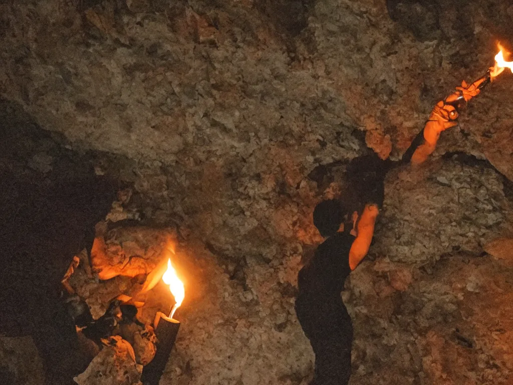 Image similar to one man bringing fire with torch into cave in darkness