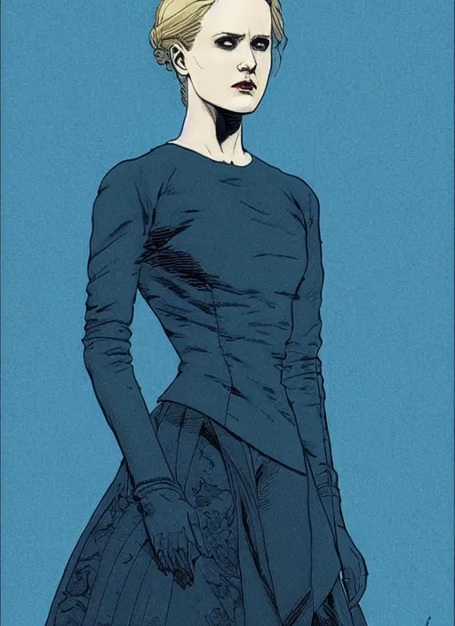 Prompt: dolores ( evan rachel wood ) from westworld, beautiful portrait, blue dress, elegant, clear clean face, by moebius, katsuhiro otomo, tsutomu nihei, laurie greasley