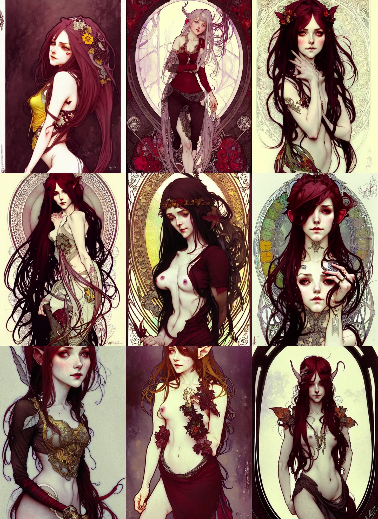 Prompt: highly detailed full body portrait of elven young adult lady by krenz cushart, by artem demura, by alphonse mucha, by kaethe butcher, gradient maroon, black, silver and yellow color scheme, grunge aesthetic!!! (