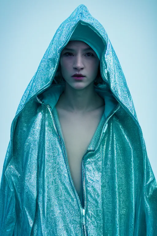 Image similar to hyper detailed ultra sharp photo of iridescent humanoid deity wearing teal plastic hooded cloak, in lourmarin, cinematic lighting, photorealistic, octane render 8 k