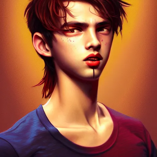 Image similar to colorful and festive captivating teenager with straight short brown hair covering his eye, dark skin, big lips, big eyes, wearing a red t - shirt. rich vivid colors, ambient lighting, dynamic lighting, 4 k, atmospheric lighting, painted, intricate, highly detailed by charlie bowater