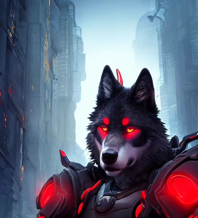Image similar to portrait of a anthropomorphic dark gray wolf with red hair in a futuristic city, hyper detailed, digital art, trending in artstation, cinematic lighting, studio quality, smooth render, unreal engine 5 rendered, octane rendered, art style by pixar dreamworks warner bros disney riot games and overwatch.