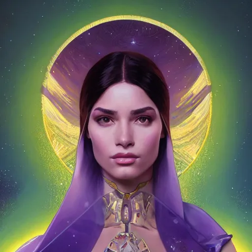 Image similar to Portrait of very very very very very very beautiful Latina woman, spacesuit, purple eyes, intricate, elegant, highly detailed, digital painting, artstation, concept art, smooth, sharp focus, illustration, art by artgerm and greg rutkowski and alphonse mucha