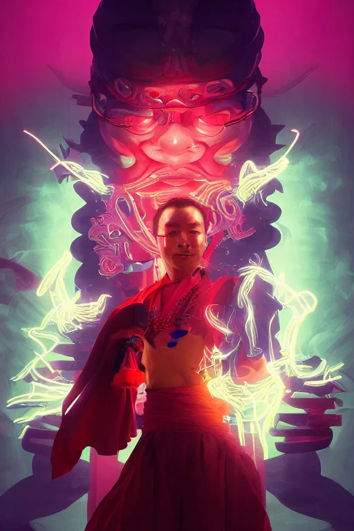 Prompt: portrait of yokai bodhisattva vajrayana dzogchen ninja slayer, japan, in cyberpunk, neon lighting, night city, digital art from artstation by Ruan Jia and Mandy Jurgens and Artgerm and william-adolphe bouguereau and Greg Rutkowski