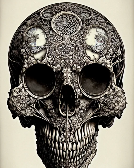 Image similar to art forms of nature by ernst haeckel, memento mori by arthur rackham, ornate antique porcelain beautiful skull mask, ultrasharp, photorealistic, hyperdetailed, octane render, polished, art nouveau, neo - gothic, gothic, intricate ornamental organic filigree, art nouveau botanicals, art forms of nature by ernst haeckel, horizontal symmetry, symbolist, visionary