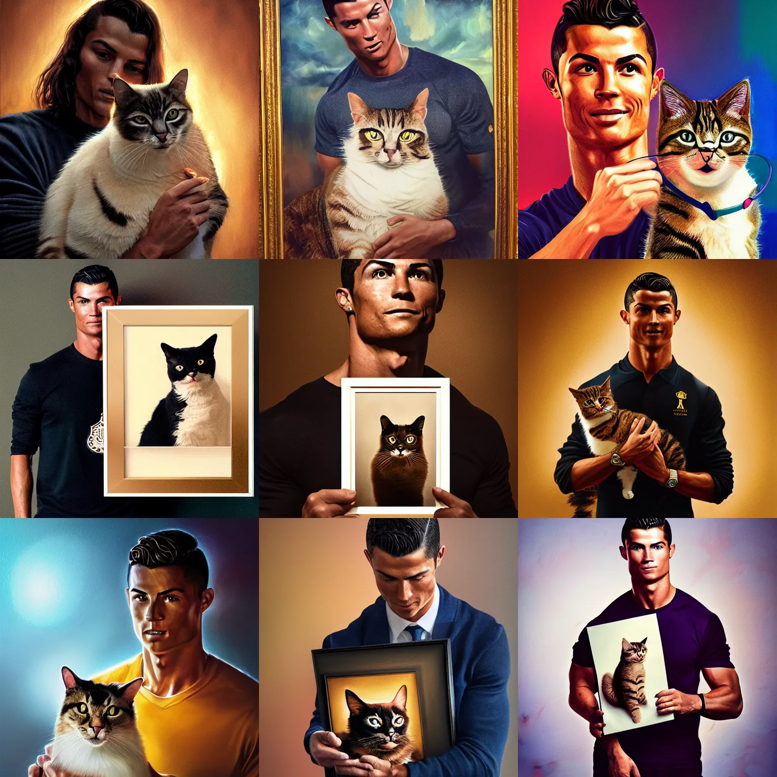 Prompt: Cristiano Ronaldo holding a cat portrait, atmospheric lighting, painted, intricate, volumetric lighting, beautiful, rich deep colors masterpiece, golden hour, sharp focus, ultra detailed, by Leesha Hannigan, Ross Tran, Thierry Doizon, Kai Carpenter,Ignacio Fernández Ríos