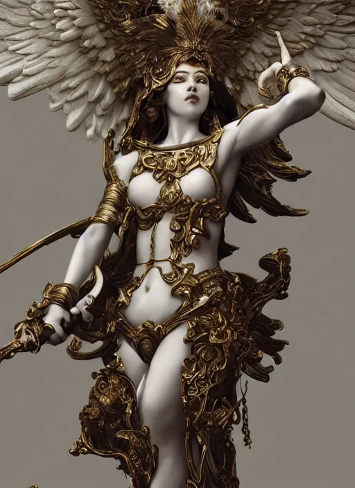 Image similar to high intricate porcelain baroque angelic warrior standing on the edge of a cliff, maria panfilova, andrea savchenko, mike kime, ludovic plouffe, qi sheng luo, oliver cook, trending on artstation