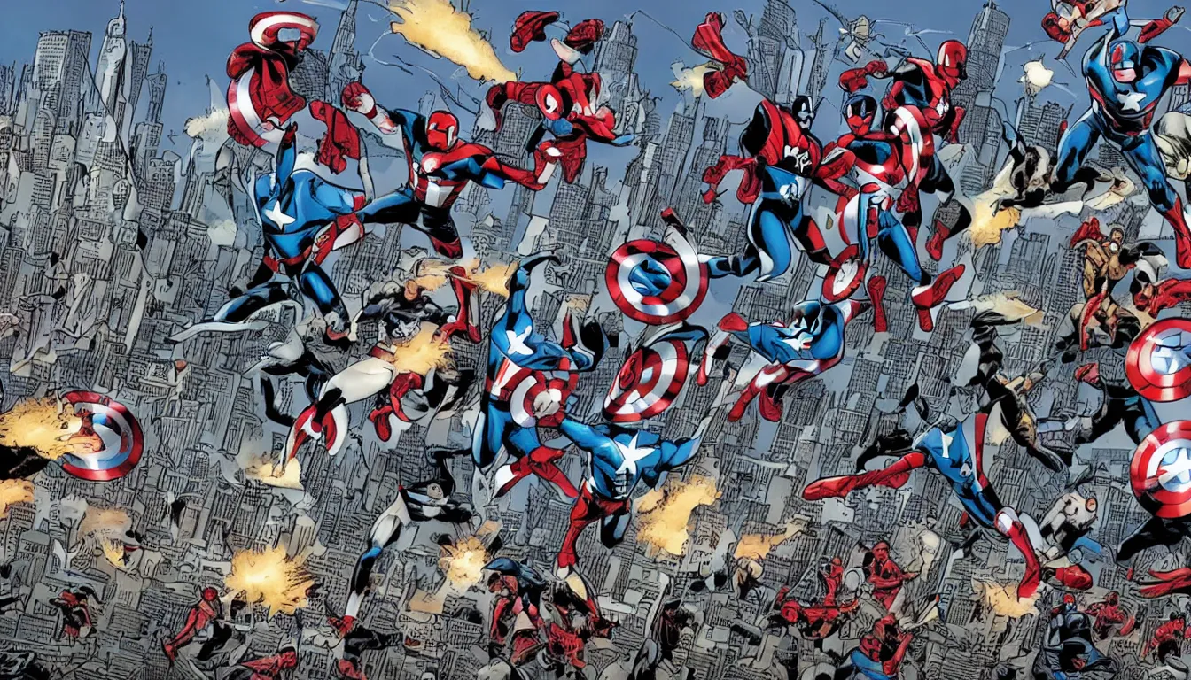 Image similar to a wide angle action shot of avengers defending brooklyn bridge from alien invasion, in the style of marvel comics, graphic novel