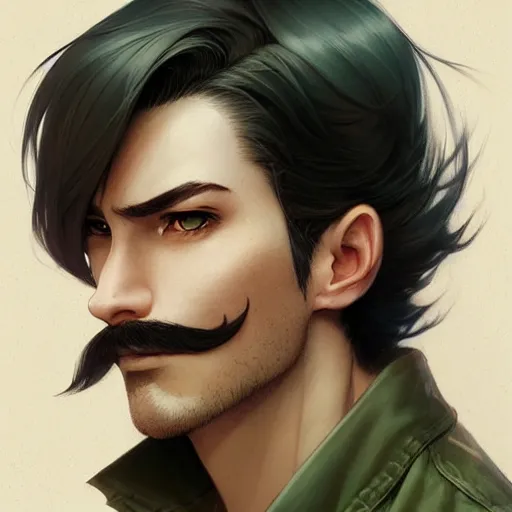 Image similar to portrait of a man with brown undercut hair,green eyes,thin moustache,Character design by charlie bowater, ross tran, artgerm, and makoto shinkai, detailed, inked, western comic book art, 2021 award winning painting,digital art,ultra realistic,ultra detailed,art by greg rutkowski,detailed face,hyperdetailed,photorealistic