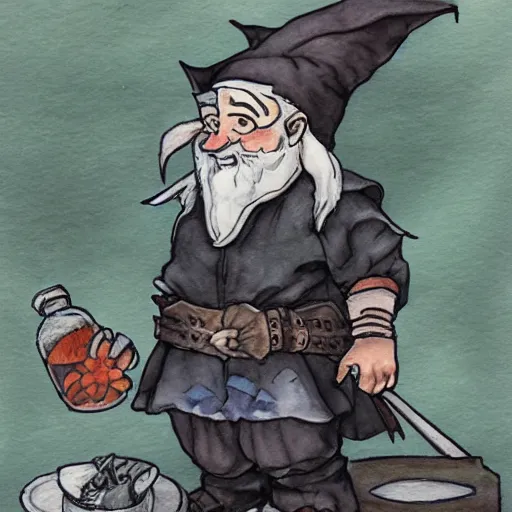 Image similar to Gnome Alchemist distilling botanicals, drawn by Yoji Shinkawa, water color, Dungeons and Dragons, Wizards of the Coast