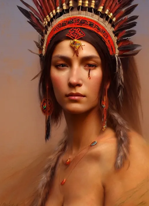 Image similar to gorgeous redskin woman wearing headdress, intricate, elegant, highly detailed, artstation, concept art, smooth, sharp focus, illustration, art by and greg rutkowski and orientalism and bouguereau