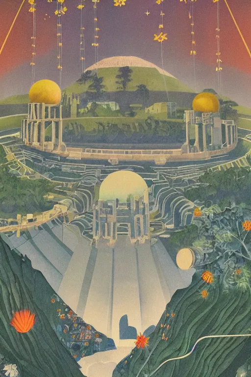 Image similar to night, stars, mecha robot, hanging gardens of babylon, temple of artemis at ephesus, waterfalls, blooming hills with spring flowers and pillars by helen lundeberg