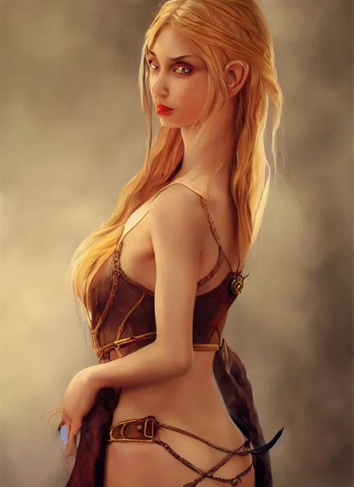Prompt: A hyperrealistic portrait painting of a hot young female elf with stunning body, DAZ, deviantart, artstation