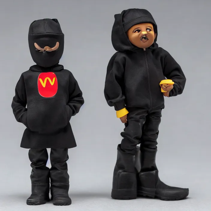 Prompt: kanye west using a black mask with small holes, a black shirt, a black undersize hoodie and black rubber boots, a mcdonald's happy meal toy figure of kanye west using a black mask with small holes, a black shirt, a black undersize hoodie and black rubber boots, figurine, detailed product photo