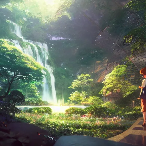 Image similar to geodesic dome with gardens and waterfall, gapmoe kuudere moody lighting stunning bokeh highlights sharp contrast | trending pixiv fanbox | by greg rutkowski makoto shinkai takashi takeuchi studio ghibli