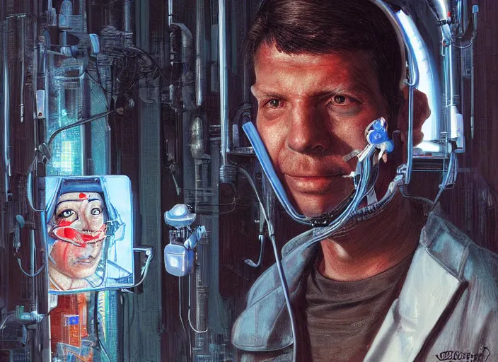 Image similar to a highly detailed cyberpunk portrait of a dentist, james gurney, james jean