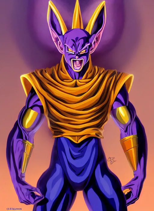 Image similar to a epic portrait of beerus from dragon ball z, art by boris vallejo and greg danton and denys tsiperko, detailed, hyperrealism, artstation