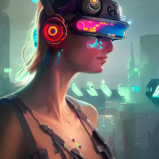 Prompt: portrait of a beautiful cybernetic raver girl wearing a occulus headset, cyberpunk concept art by pete mohrbacher and artgerm and wlop and deathburger and syd mead, digital art, highly detailed, intricate, fantasy, mystical, sharp focus, Trending on Artstation HQ, deviantart, unreal engine 5, 4K UHD image