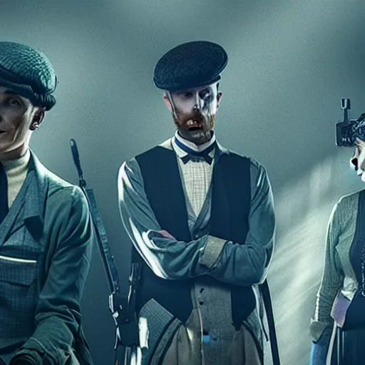 Image similar to Peaky Blinders as cyberpunk characters