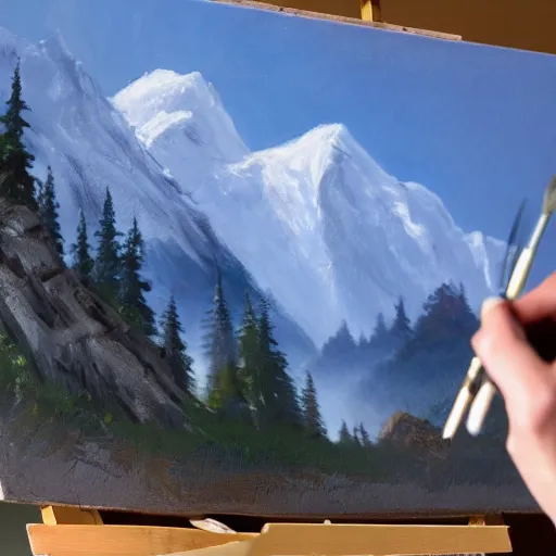 Image similar to a closeup photorealistic photograph of bob ross working on a canvas painting of natalie dormer. film still. brightly lit scene. mountains and trees. this 4 k hd image is trending on artstation, featured on behance, well - rendered, extra crisp, features intricate detail, epic composition and the style of unreal engine.