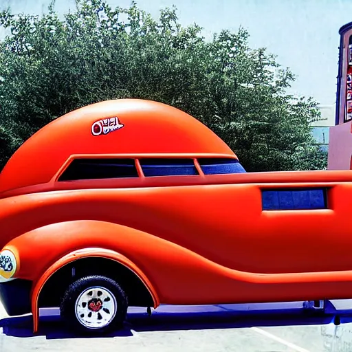 Image similar to car show photograph of a failed concept of the Oscar Mayer Wienermobile that was too weird, too many wheels, too many parts