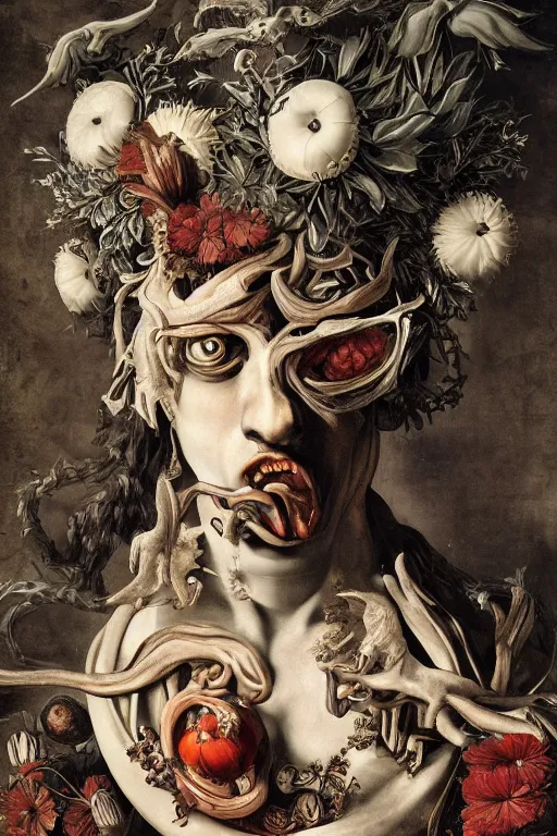 Prompt: Detailed maximalist portrait a Greek god with large white eyes and an angry face, fleshy body, botany, HD mixed media 3d collage, highly detailed and intricate, surreal illustration in the style of Caravaggio, dark art, baroque