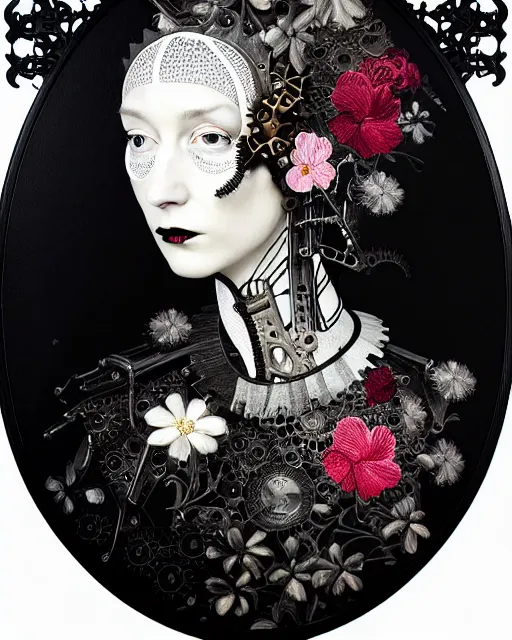 Image similar to masterpiece profile portrait painting, dutch masters, black and white, silver lace floral steampunk biomechanical beautiful one techno eye young female cyborg, big monocular, volumetric light, leaves foliage and stems, hibiscus flowers, by cecile beaton, rim light, big gothic fashion pearl embroidered collar, 8 k